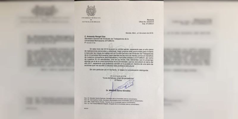 Rectoría de UMSNH reitera su disposición al diálogo con sindicatos; los convoca a mesa de trabajo 