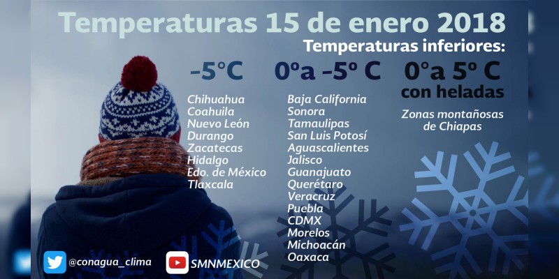 Se prevé ambiente de muy frío a gélido en el norte, el noreste, el oriente y el centro de México 