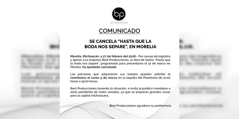 Se cancela ”Hasta que la boda nos separe“, en Morelia  