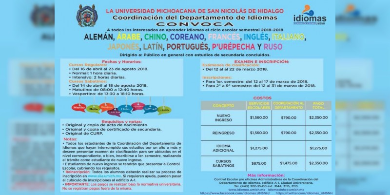Abiertas las inscripciones para cursos de idiomas en la UMSNH 