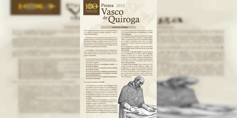 Llaman a postular candidatos a la Presea Vasco de Quiroga 