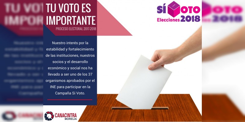 Canacintra Morelia, entre las 37 organizaciones promotoras del voto acreditadas por el INE para el proceso electoral 2017-2018 