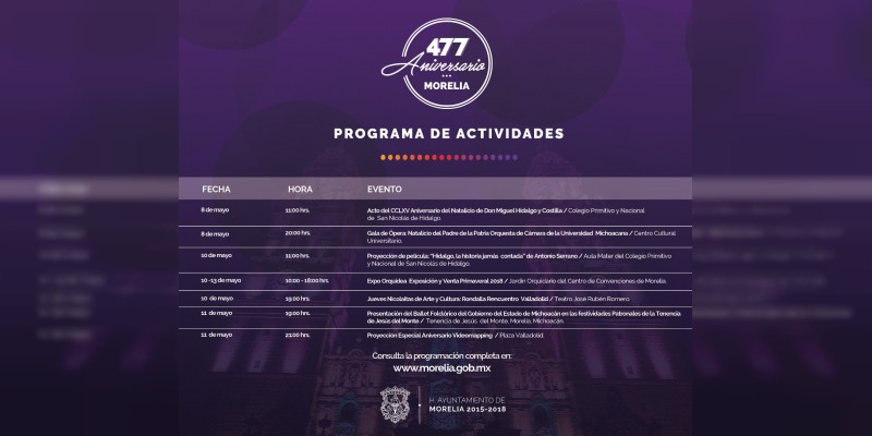 Esta semana, continúan actividades del 477 Aniversario de Morelia en la capital y sus tenencias 