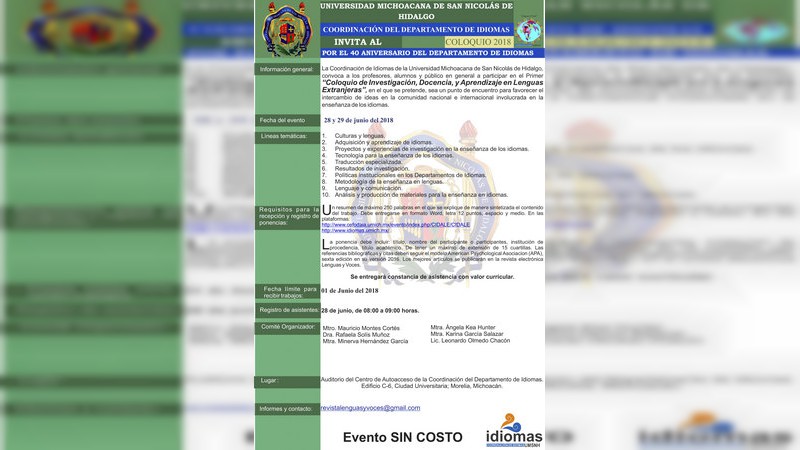 Realizarán Coloquio sobre investigación y docencia en el Departamento de Idiomas 