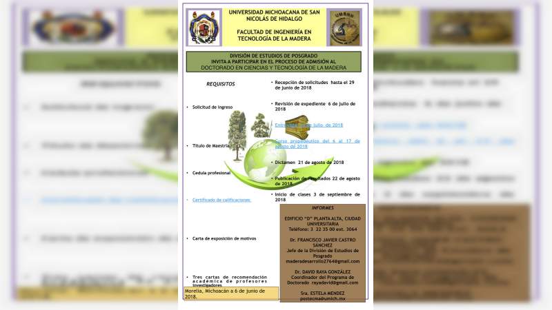 Inicia proceso de admisión para el Doctorado en Tecnología de la Madera en la Casa de Hidalgo 