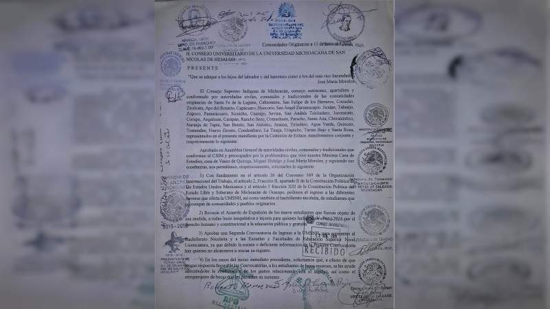 Consejo Supremo Indígena pide a la UMSNH ingreso de estudiantes de pueblos originarios y revocar expulsión de alumnos 