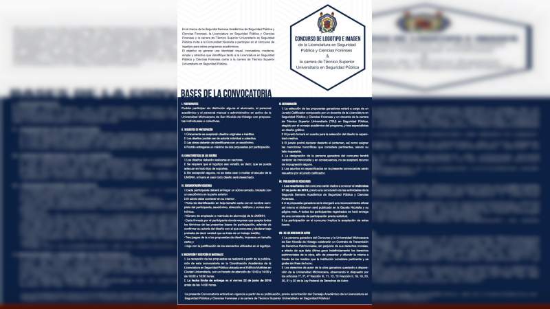 A concurso, logotipo de la Licenciatura en Seguridad Pública y Ciencias Forenses de la UMSNH 