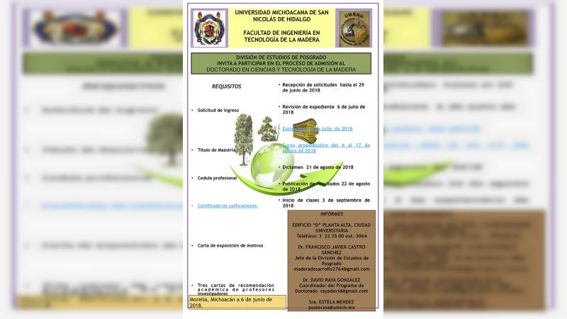 Última semana de registro para Doctorado en Tecnología de la Madera que ofrece la UMSNH 