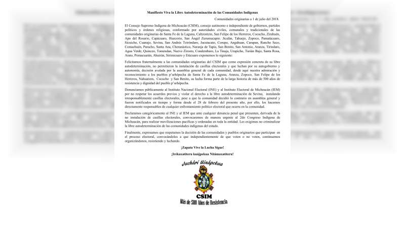Manifiesto Viva la Libre Autodeterminación de las Comunidades Indígenas 