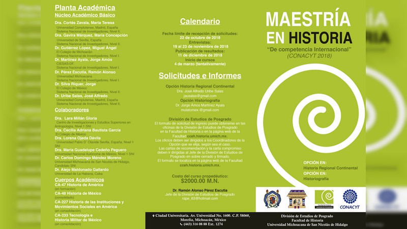 Abre UMSNH Convocatoria 2018 para la Maestría en Historia 