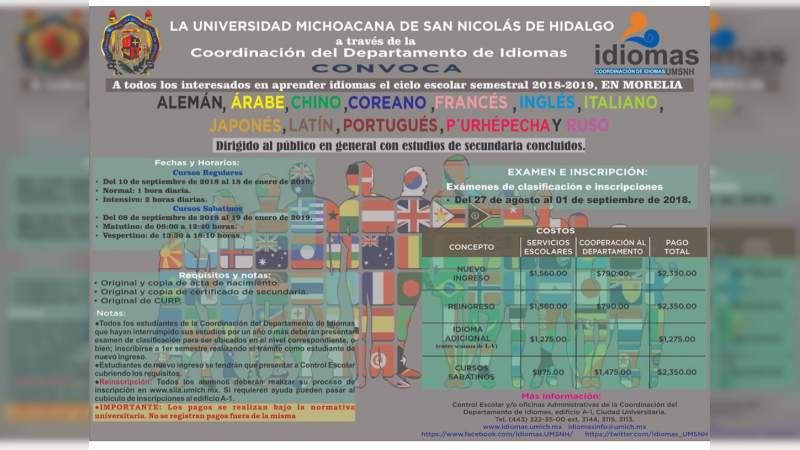 Abierta convocatoria para el semestre escolar 2018-2019, en el Departamento de Idiomas de la UMSNH  