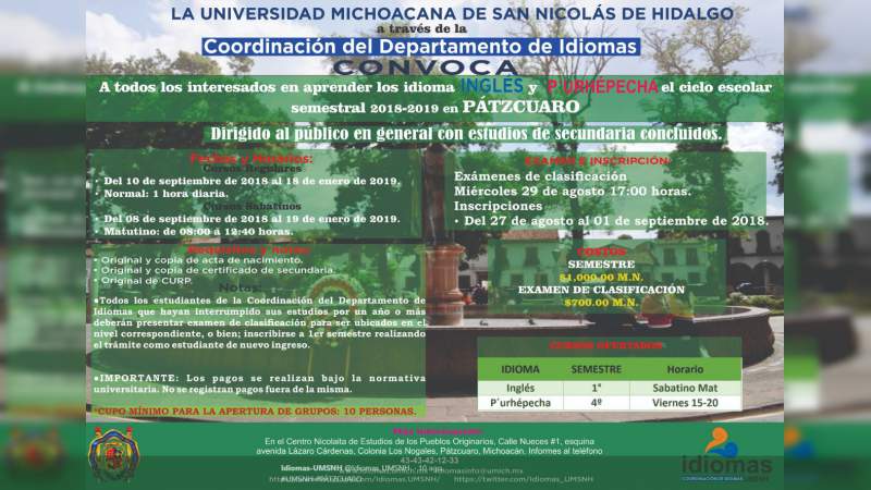 UMSNH abre convocatoria para estudios de Inglés y Purhépecha en la ciudad de Pátzcuaro 