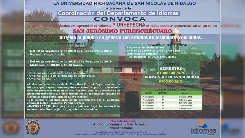 Departamento de Idiomas nicolaita abrirá curso de lengua Purhépecha en San Jerónimo Purenchécuaro 
