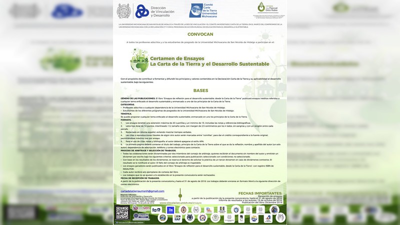 Extienden recepción de trabajos para el Certamen de Ensayos sobre la Carta de la Tierra y el Desarrollo Sustentable en la UMSNH 