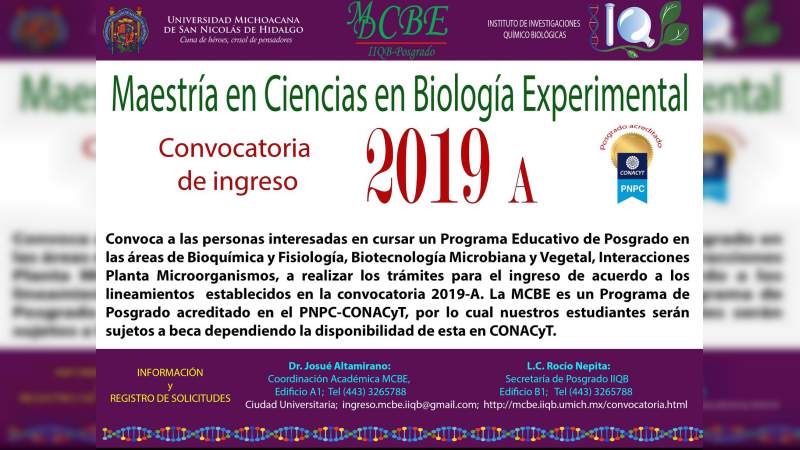 En curso convocatoria de la Casa de Hidalgo para cursar la Maestría en Ciencias de Biología Experimental 