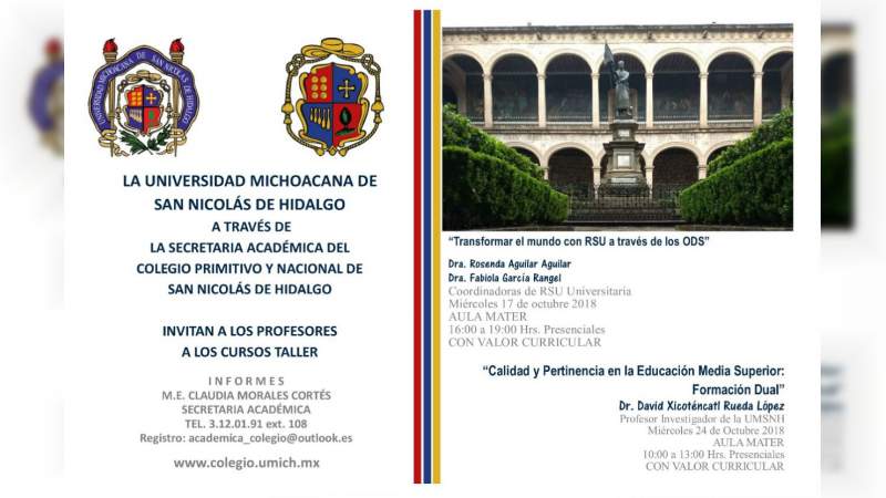 Anuncian talleres de capacitación en RSU para profesores del Bachillerato Nicolaita 