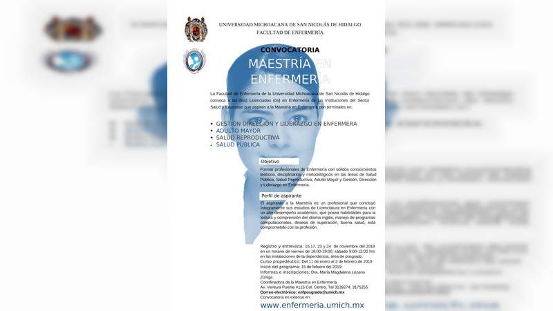 En noviembre, inscripciones a la Maestría en Enfermería de la UMSNH 