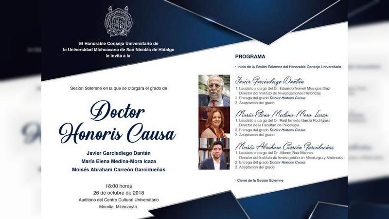Invita UMSNH a la entrega este viernes del Doctorado Honoris Causa 2018 