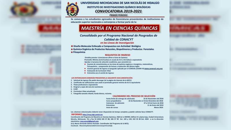 Continúa registro de solicitudes para la Maestría en Ciencias Químicas en la UMSNH 