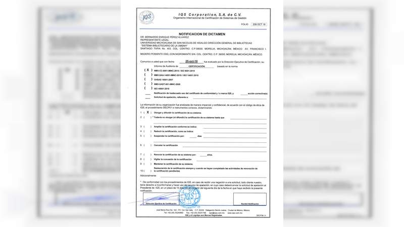 Certificado por su calidad el Sistema Bibliotecario de UMSNH 