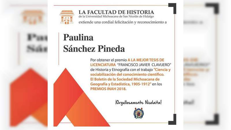 La nicolaita Paulina Sánchez Pineda, es reconocida por el INAH con el premio “Francisco Javier Clavijero” - Foto 1 