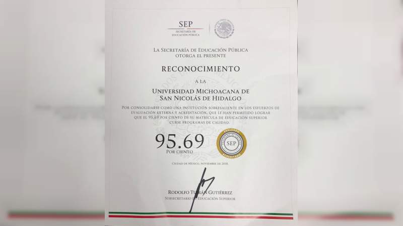 Reconoce SEP a la UMSNH por alcanzar el 95.69% de su matrícula inscrita en programas de calidad 