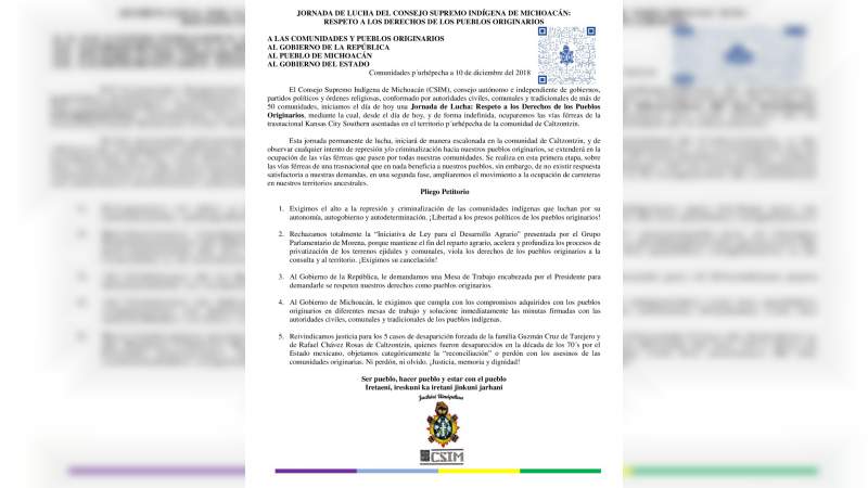 Jornada de lucha del Consejo Supremo Indígena de Michoacán: Respeto a los derechos de los pueblos originarios - Foto 1 