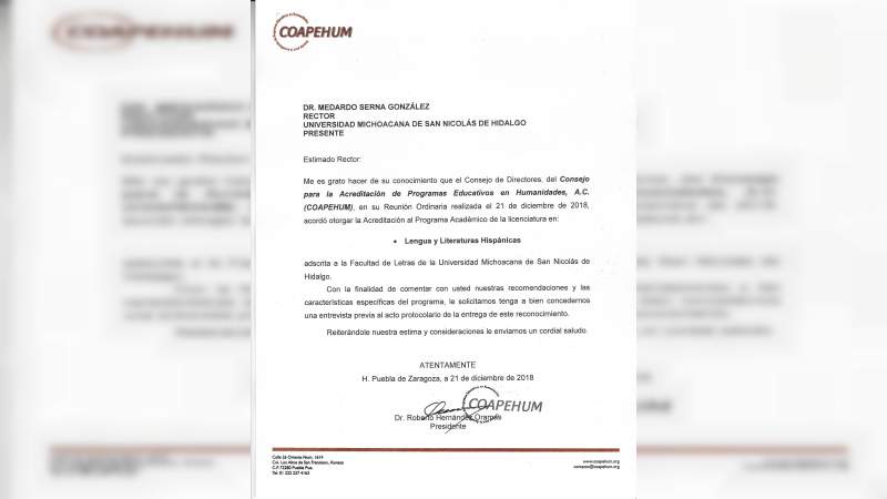 Acreditado, programa de Lengua y Literaturas Hispánicas; cierra UMSNH 2018 con otro logro académico 