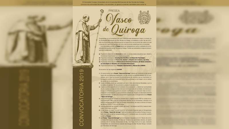 Abierta la convocatoria para la entrega de la Presea “Vasco de Quiroga” en la Universidad Michoacana 