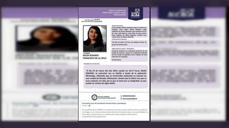 La UMSNH solicita apoyo para encontrar a una de sus estudiantes 