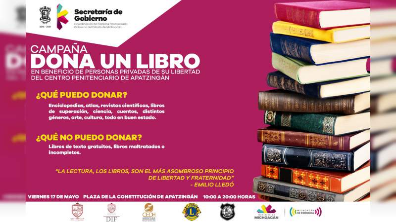 Invita Sistema Penitenciario a participar en campaña “Dona un libro” a favor de la población penitenciaria de Apatzingán 
