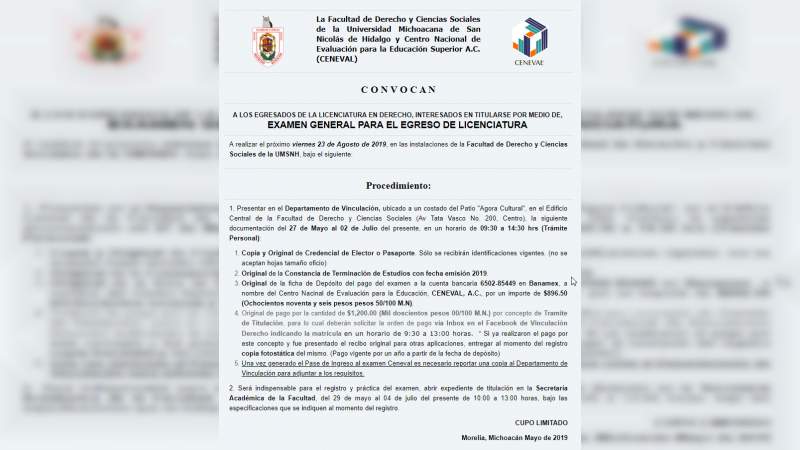 UMSNH anuncia próxima aplicación del examen EGEL como medio de titulación 