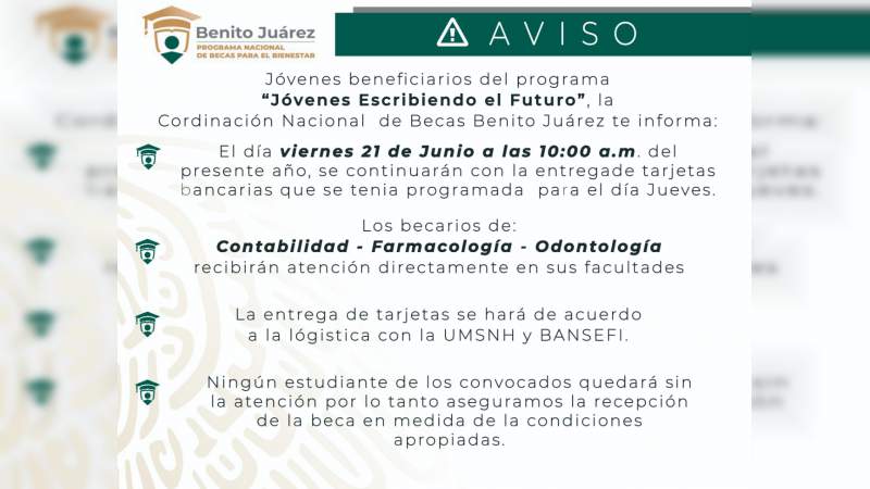Se reanudará entrega de becas Jóvenes Escribiendo el Futuro en la UMSNH 