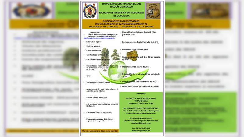 Última semana de registro para el Doctorado en Ciencias y Tecnología de la Madera en la UMSNH 