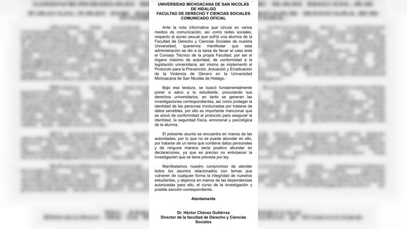 Confirman acoso de profesor a alumna de la Facultad de Derecho 