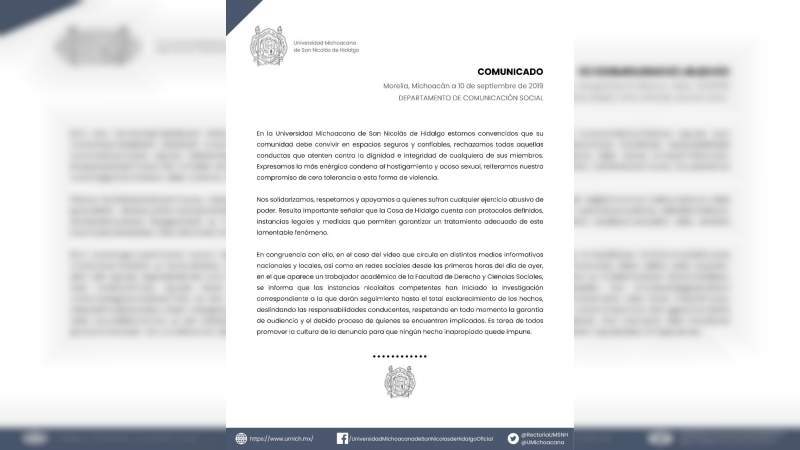 La UMSNH ya investiga supuesto acoso por parte de un profesor 