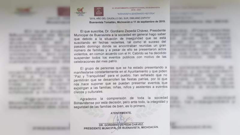 Buenavista el segundo municipio de la Región de Tierra Caliente en suspender fiestas patrias por inseguridad  