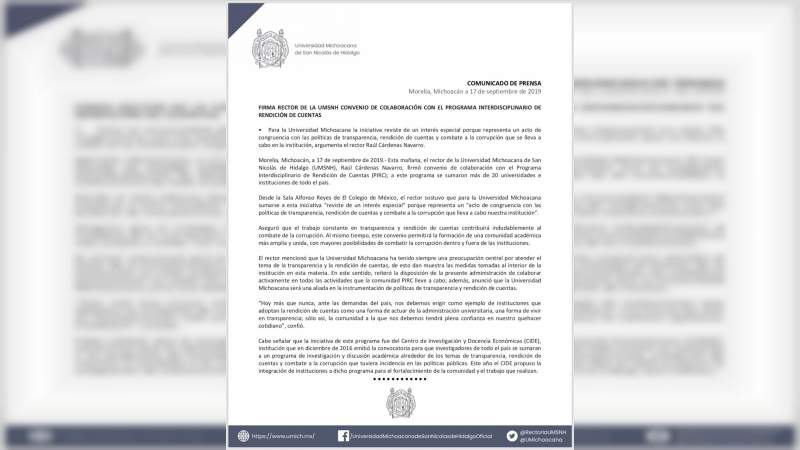 UMSNH firma convenio de colaboración con el Programa de Rendición de Cuentas - Foto 1 