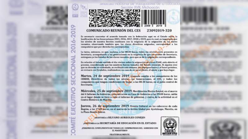 SNTE realizará movilizaciones este miércoles en Morelia 