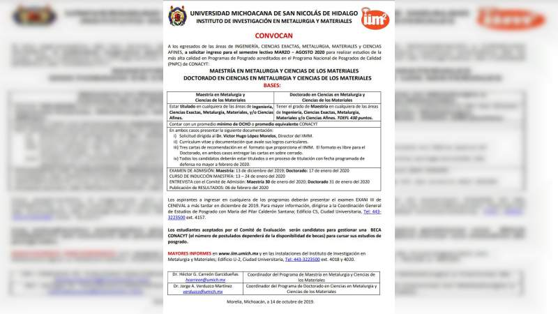 Abierta convocatoria para maestría y doctorado en metalurgia  