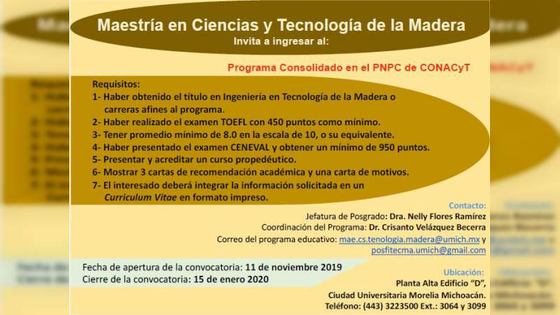 Publican Convocatoria para Maestría en Ciencias y Tecnología de la Madera 