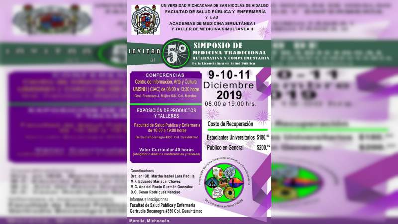 Este 9, 10 y 11 de diciembre Simposio sobre Medicina Tradicional y Alternativa en la UMSNH 