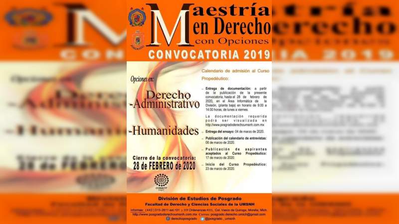 Publican convocatoria para Maestría en Derecho con opciones terminales 