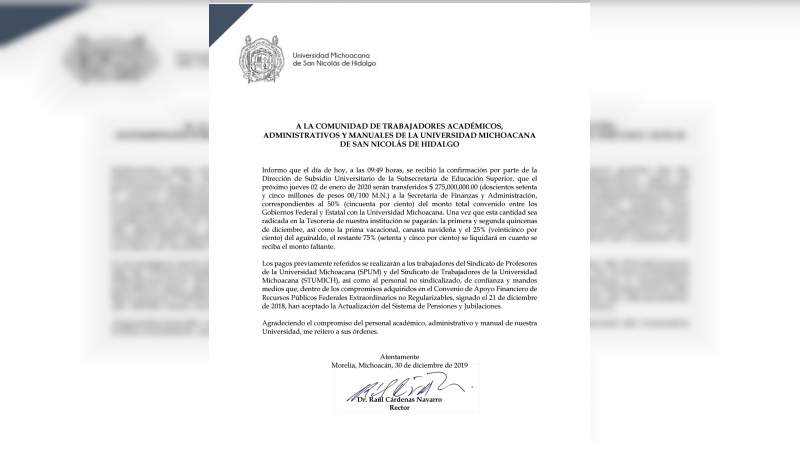 UMSNH pagará la primera y segunda quincenas de diciembre 