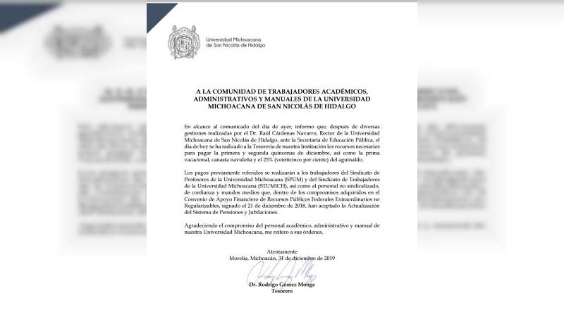 Tesorería de la UMSNH pagará la primera y segunda quincenas de diciembre 