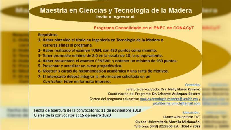 Abierta Convocatoria para maestría en Ciencias y Tecnología de la Madera de la UMSNH 