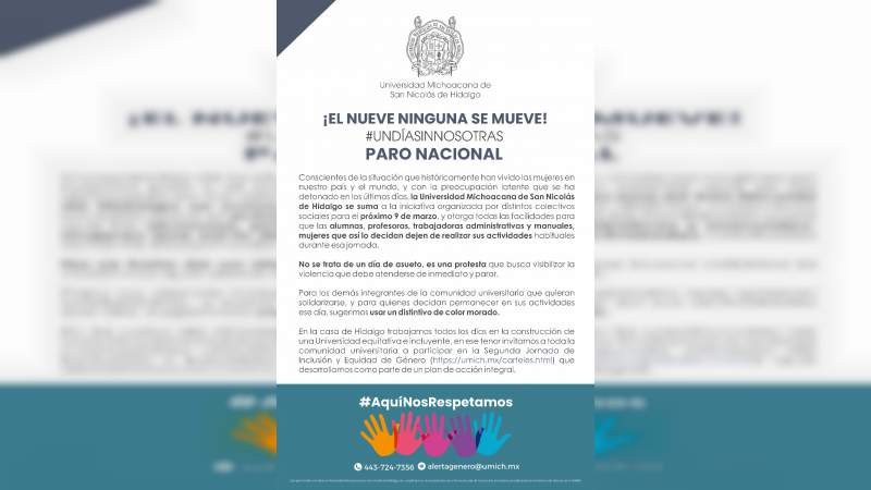 UMSNH se une a la iniciativa "El Nueve Ninguna se Mueve" 
