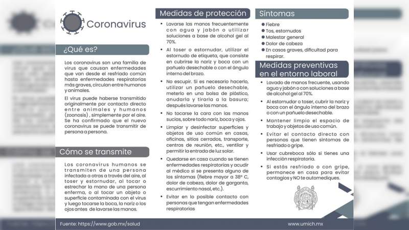 Universidad Michoacana lanza boletín de prevención sobre el coronavirus 