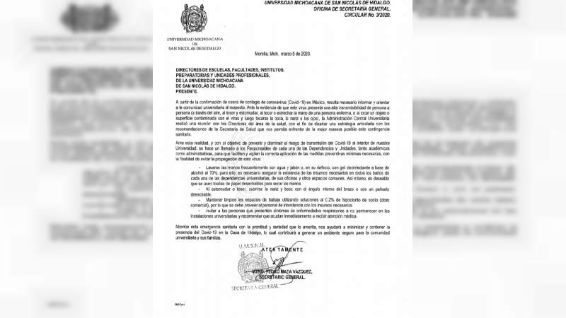 UMSNH diseña estrategia para la prevención del coronavirus 
